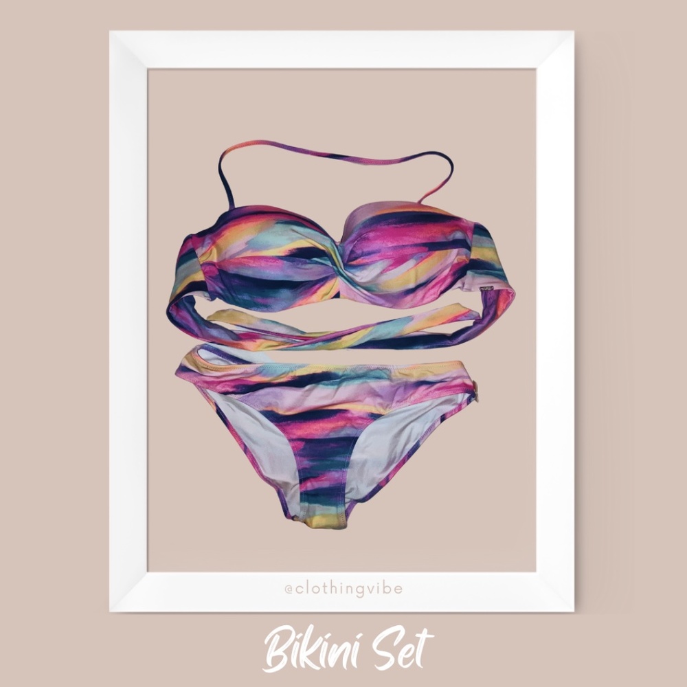 L/M | Push-Up Bandeau Swim Top, Medium Bottom Bikini Set (Watercolor)